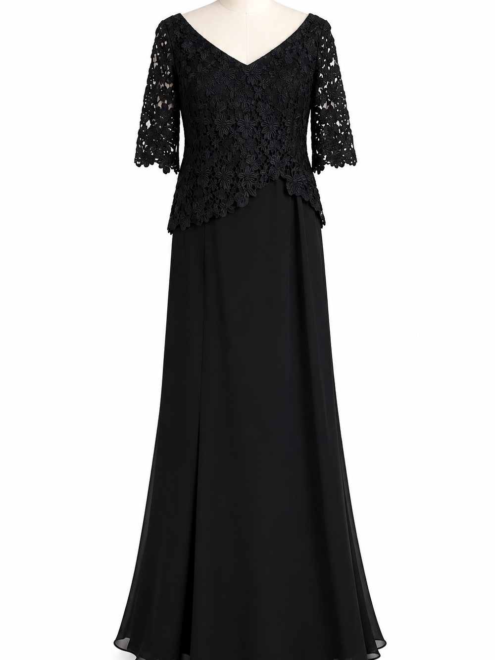 Daymor Couture Size 16 Black Floral Lace 3/4 Sleeve Formal Evening Gown Maxi